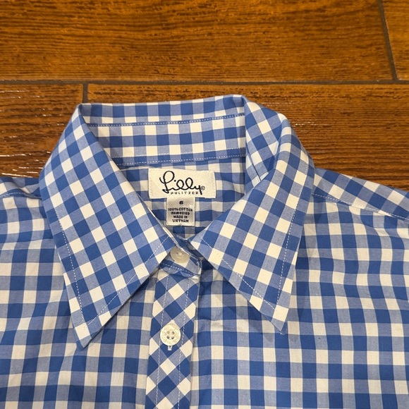 Lilly Pulitzer Blue Plaid Button Down Shirt Palm tree - Picture 3 of 4